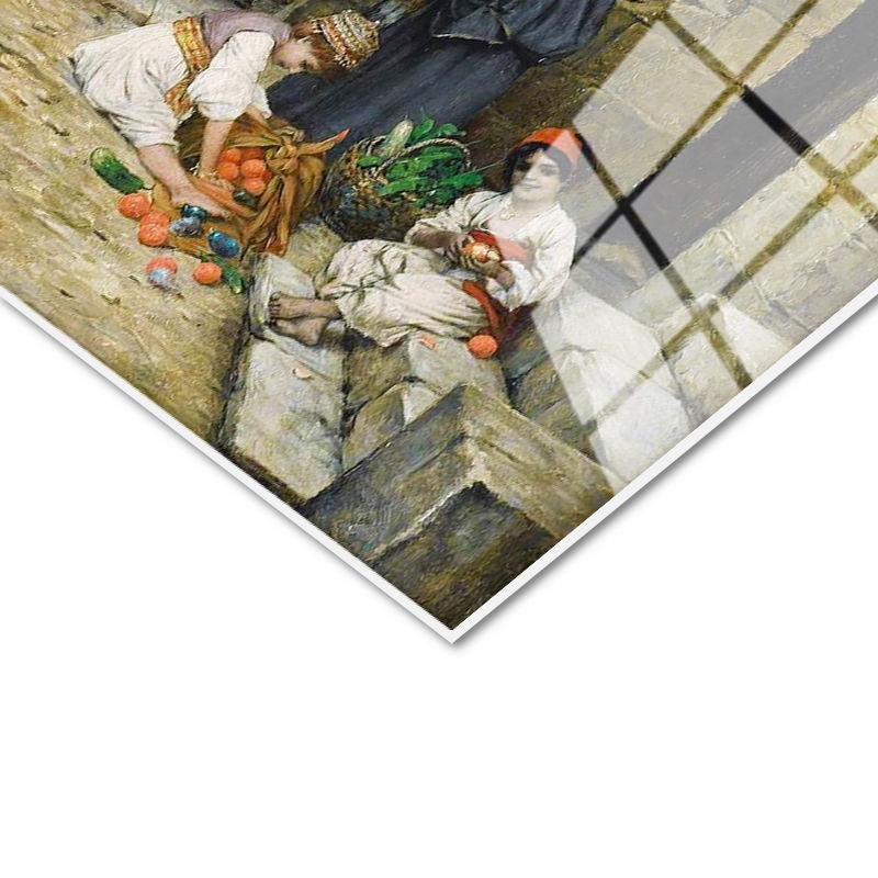 Tamperli Gerçek Cam Tablo Taş Avlu ve Günlük Yaşam Osmanlı Tablosu Duvar Dekoru