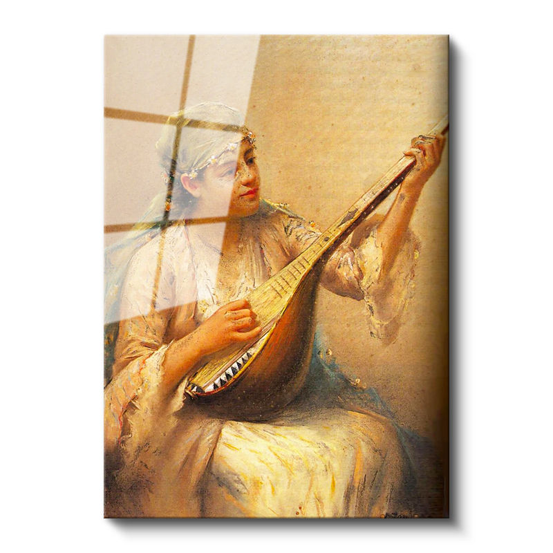 Tamperli Gerçek Cam Tablo Ud Çalan Genç Kadın Osmanlı Tablosu Duvar Dekoru