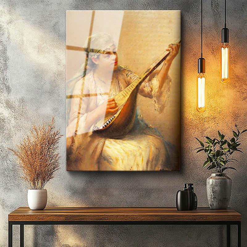 Tamperli Gerçek Cam Tablo Ud Çalan Genç Kadın Osmanlı Tablosu Duvar Dekoru