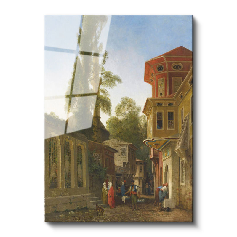 Tamperli Gerçek Cam Tablo Tarihi Sokak ve Serviler Osmanlı Tablosu Duvar Dekoru