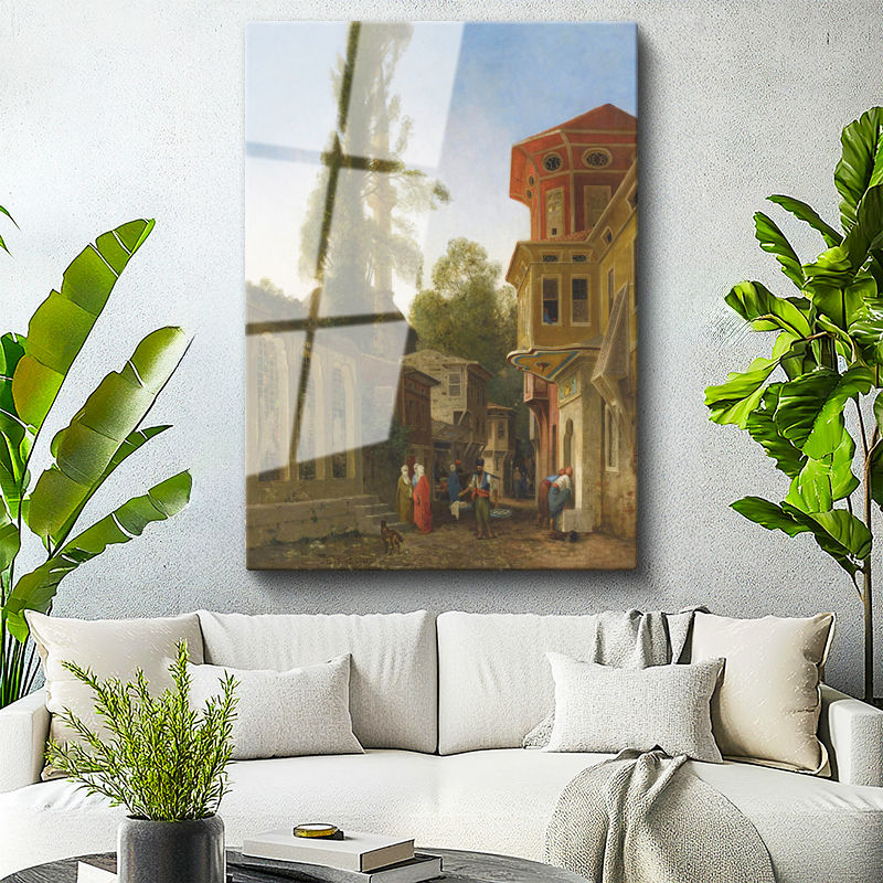 Tamperli Gerçek Cam Tablo Tarihi Sokak ve Serviler Osmanlı Tablosu Duvar Dekoru