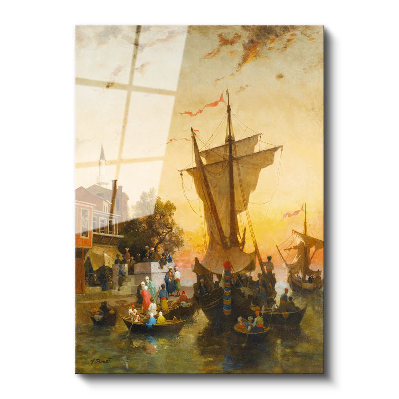 Tamperli Gerçek Cam Tablo Liman ve Yelkenliler Osmanlı Tablosu Duvar Dekoru