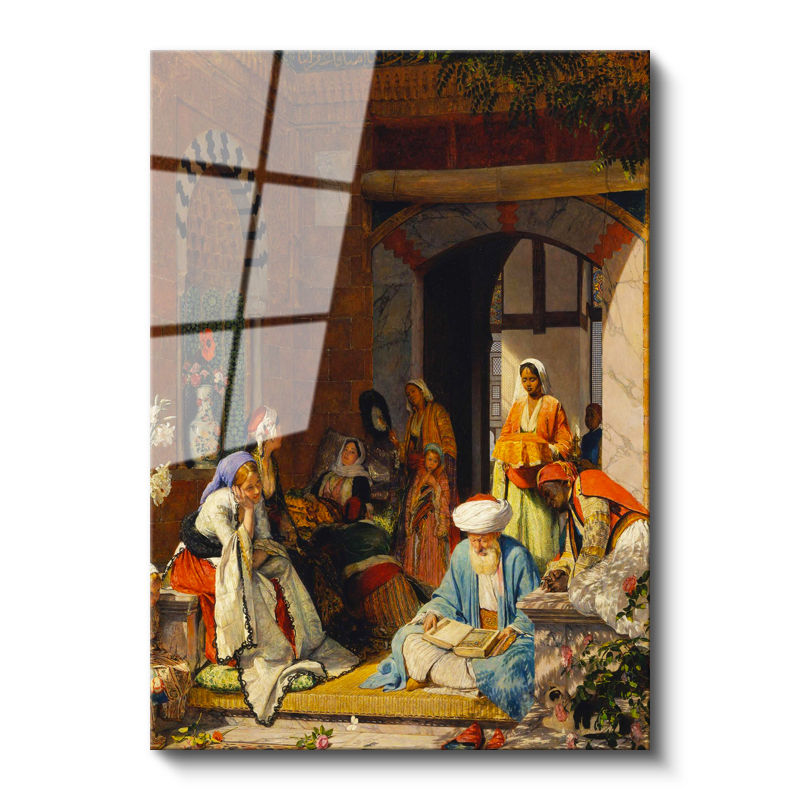 Tamperli Gerçek Cam Tablo Avluda Kitap Okuyan Hoca ve Kadınlar Osmanlı Tablosu Duvar Dekoru