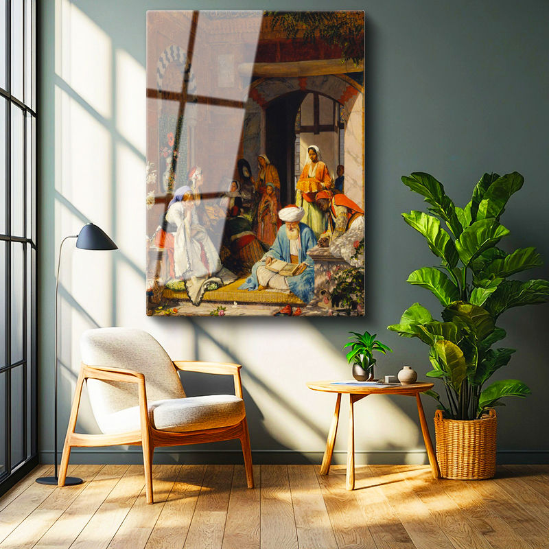 Tamperli Gerçek Cam Tablo Avluda Kitap Okuyan Hoca ve Kadınlar Osmanlı Tablosu Duvar Dekoru