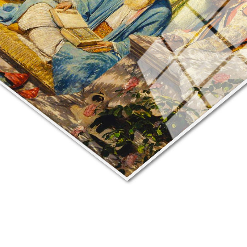 Tamperli Gerçek Cam Tablo Avluda Kitap Okuyan Hoca ve Kadınlar Osmanlı Tablosu Duvar Dekoru