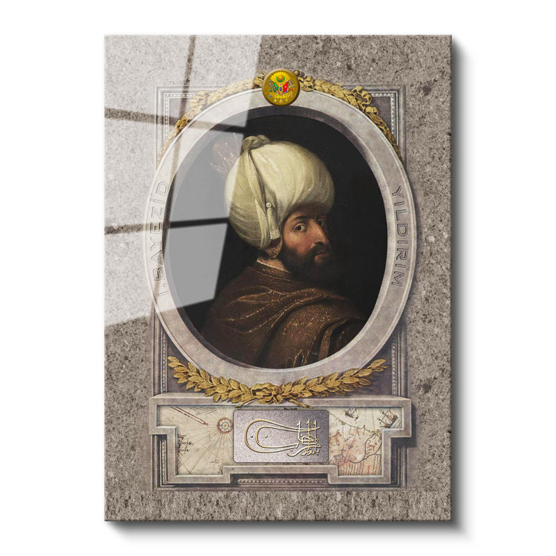 Tamperli Gerçek Cam Tablo Yıldırım Bayezid Han Padişah Portresi Osmanlı Tablosu Duvar Dekoru