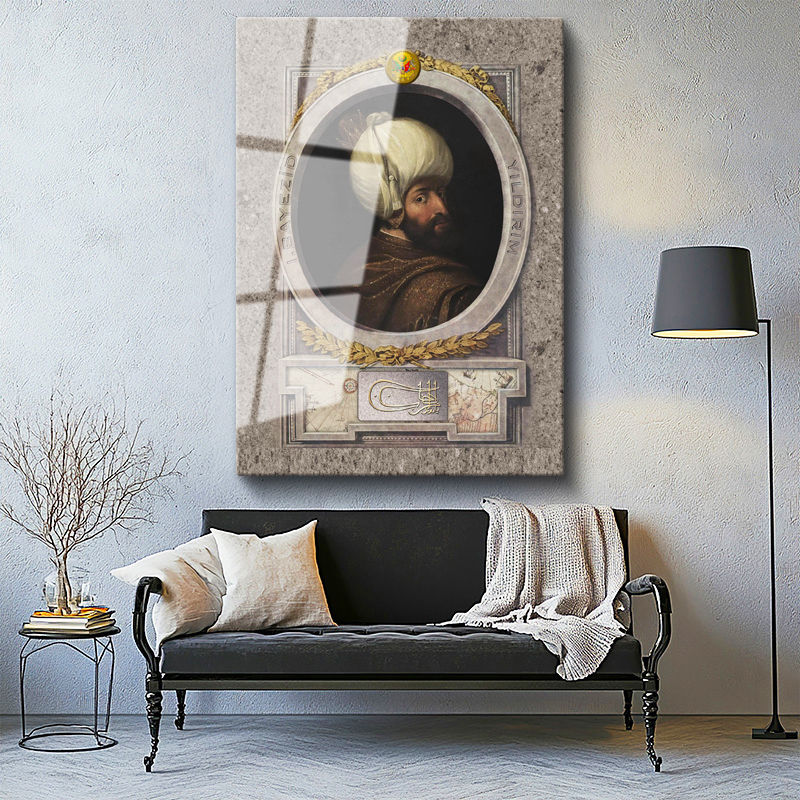 Tamperli Gerçek Cam Tablo Yıldırım Bayezid Han Padişah Portresi Osmanlı Tablosu Duvar Dekoru