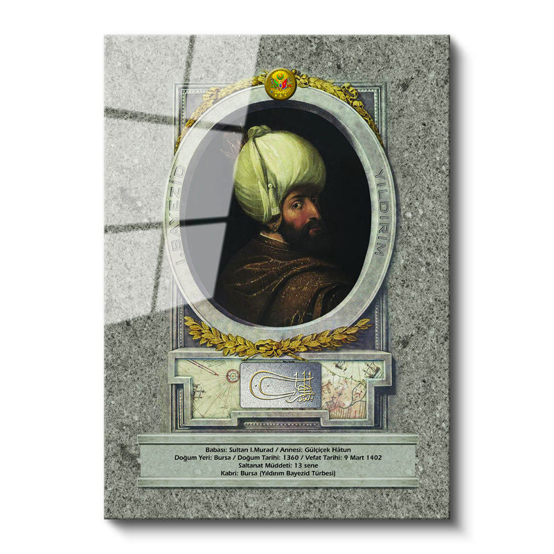 Tamperli Gerçek Cam Tablo Sultan Birinci Bayezid Tarihi Portre Osmanlı Tablosu Duvar Dekoru