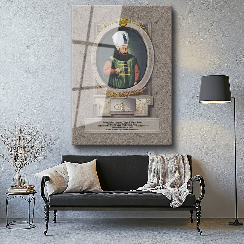 Tamperli Gerçek Cam Tablo Sultan İbrahim Han Padişah Portresi Osmanlı Tablosu Duvar Dekoru