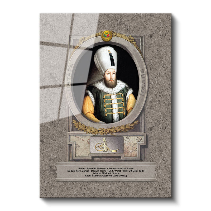 Tamperli Gerçek Cam Tablo Sultan Birinci Mustafa Han Portresi Osmanlı Tablosu Duvar Dekoru