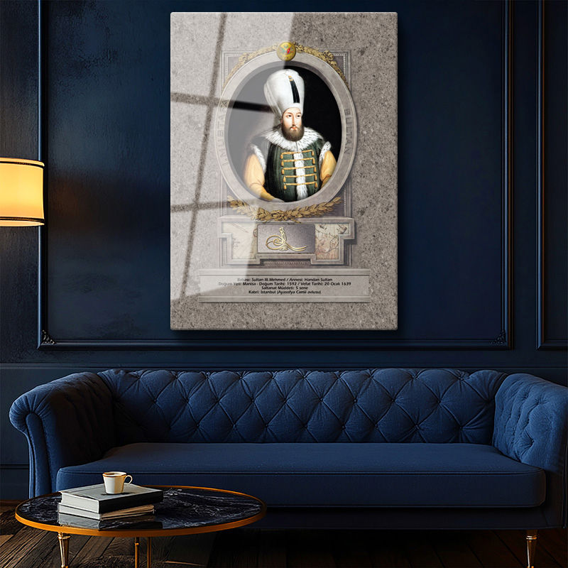 Tamperli Gerçek Cam Tablo Sultan Birinci Mustafa Han Portresi Osmanlı Tablosu Duvar Dekoru