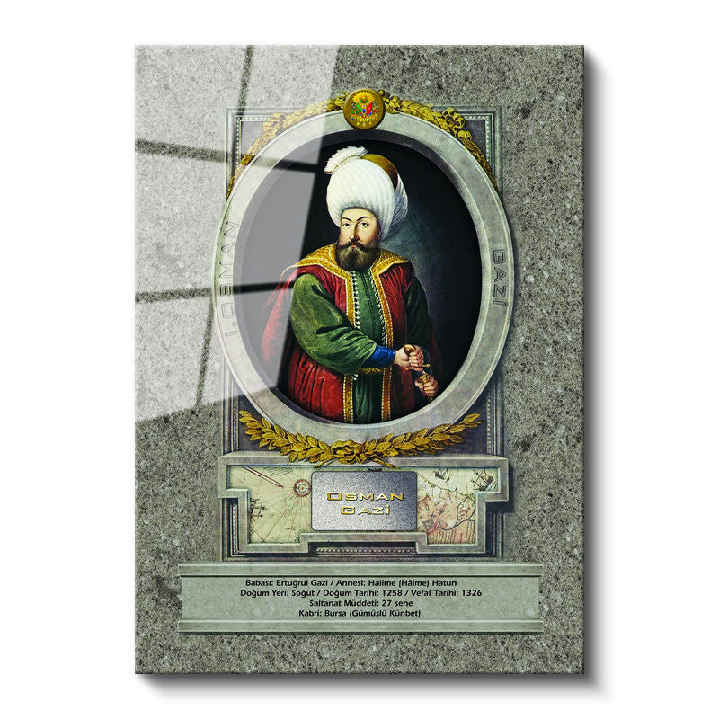 Tamperli Gerçek Cam Tablo Osman Gazi Han Padişah Portresi Osmanlı Tablosu Duvar Dekoru