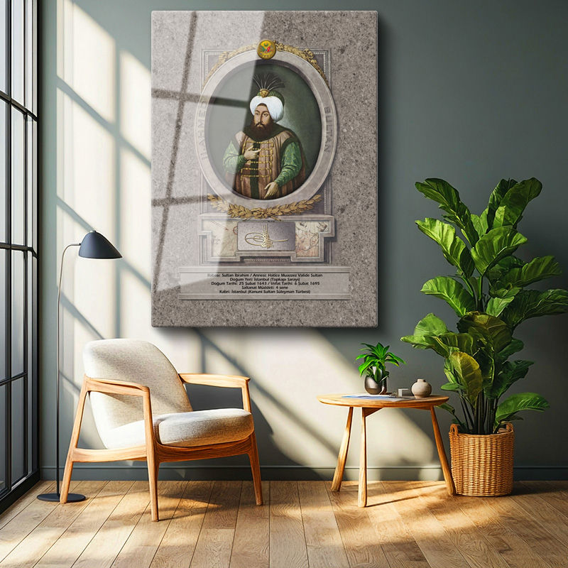 Tamperli Gerçek Cam Tablo İkinci Ahmed Han Padişah Portresi Osmanlı Tablosu Duvar Dekoru