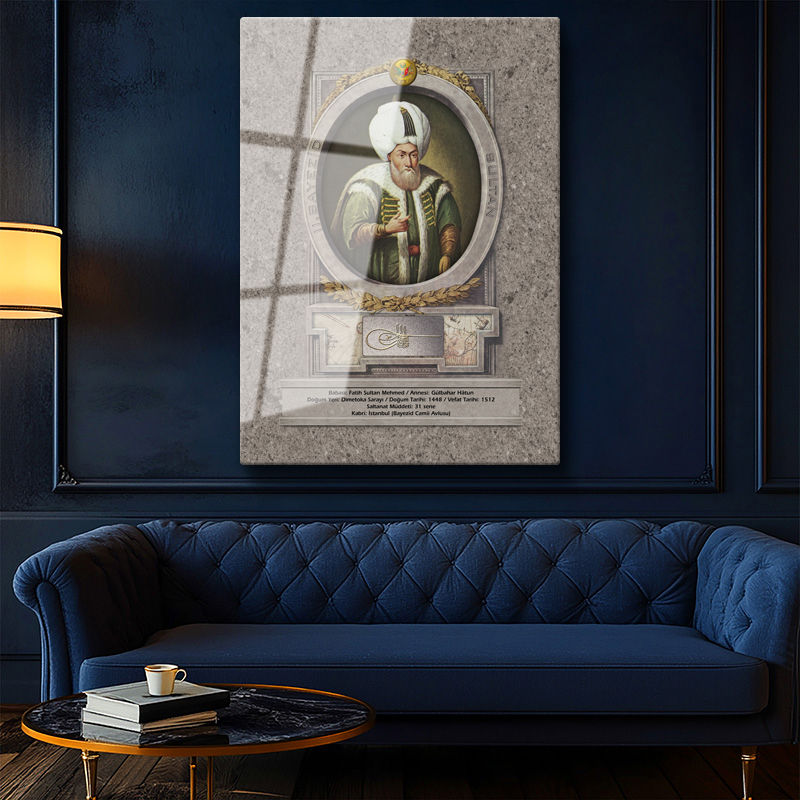 Tamperli Gerçek Cam Tablo İkinci Bayezid Han Padişah Portresi Osmanlı Tablosu Duvar Dekoru