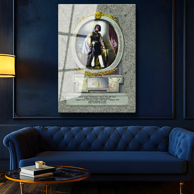 Tamperli Gerçek Cam Tablo Sultan İkinci Mahmud Han Portresi Osmanlı Tablosu Duvar Dekoru