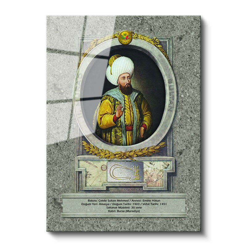 Tamperli Gerçek Cam Tablo İkinci Murad Han Padişah Portresi Osmanlı Tablosu Duvar Dekoru