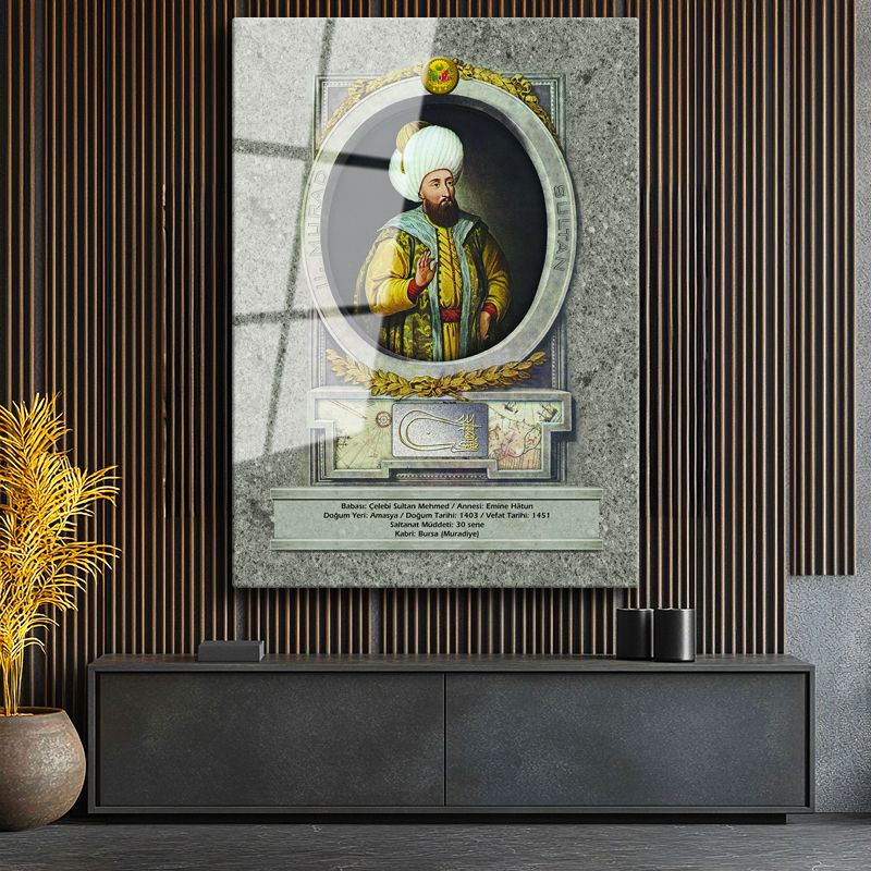 Tamperli Gerçek Cam Tablo İkinci Murad Han Padişah Portresi Osmanlı Tablosu Duvar Dekoru
