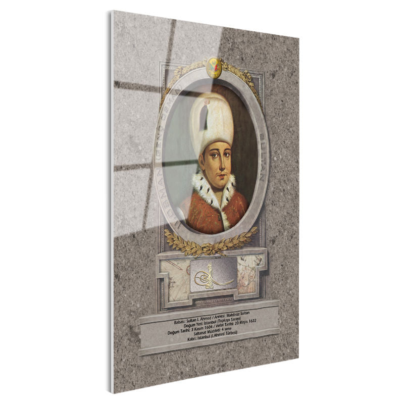Tamperli Gerçek Cam Tablo Genç Osman Han Padişah Portresi Osmanlı Tablosu Duvar Dekoru