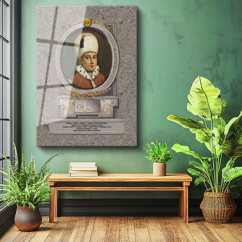 Tamperli Gerçek Cam Tablo Genç Osman Han Padişah Portresi Osmanlı Tablosu Duvar Dekoru