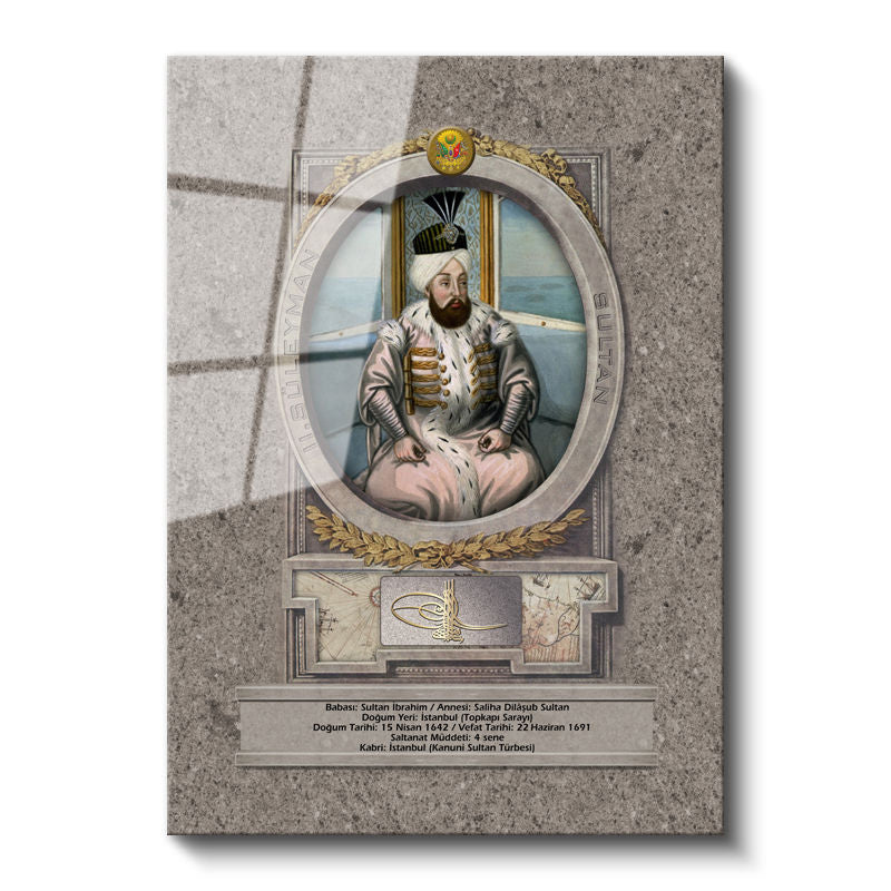 Tamperli Gerçek Cam Tablo İkinci Süleyman Han Padişah Portresi Osmanlı Tablosu Duvar Dekoru