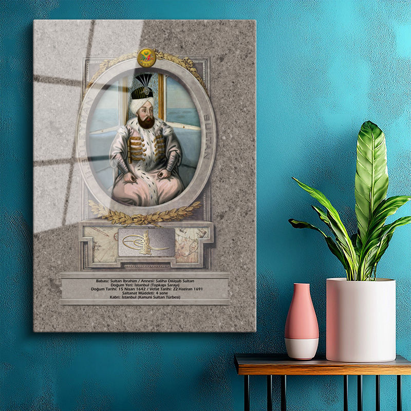 Tamperli Gerçek Cam Tablo İkinci Süleyman Han Padişah Portresi Osmanlı Tablosu Duvar Dekoru