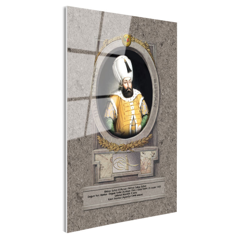 Tamperli Gerçek Cam Tablo Üçüncü Mehmed Han Padişah Portresi Osmanlı Tablosu Duvar Dekoru