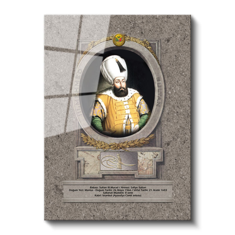 Tamperli Gerçek Cam Tablo Üçüncü Mehmed Han Padişah Portresi Osmanlı Tablosu Duvar Dekoru