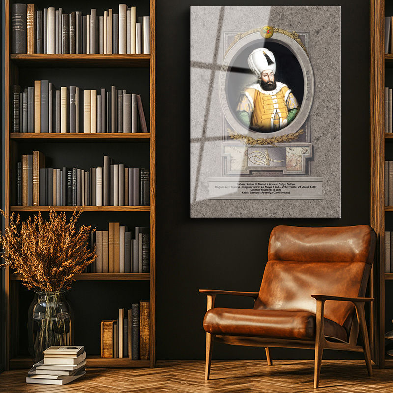 Tamperli Gerçek Cam Tablo Üçüncü Mehmed Han Padişah Portresi Osmanlı Tablosu Duvar Dekoru