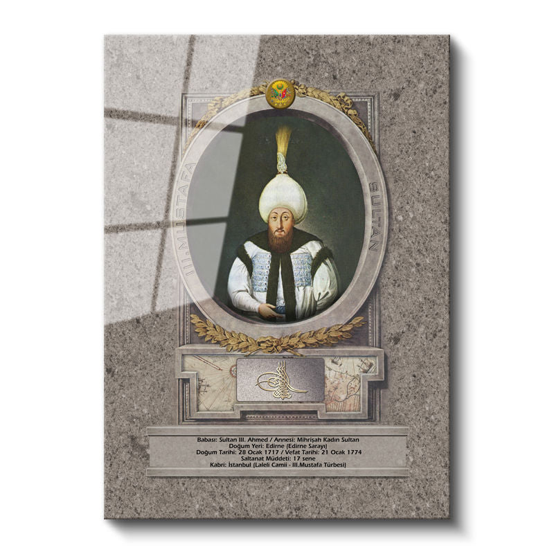 Tamperli Gerçek Cam Tablo Üçüncü Mustafa Han Padişah Portresi Osmanlı Tablosu Duvar Dekoru