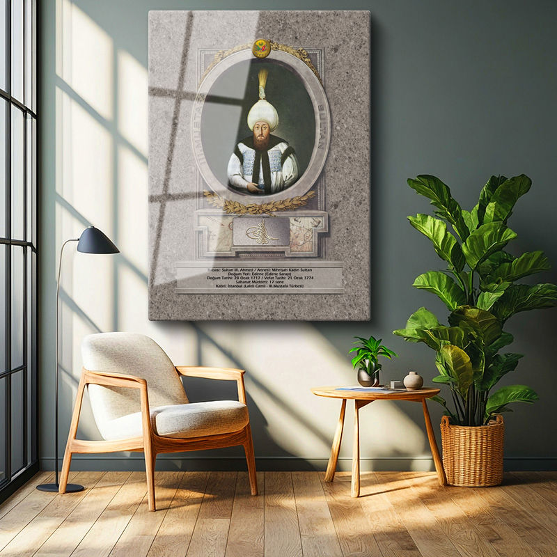 Tamperli Gerçek Cam Tablo Üçüncü Mustafa Han Padişah Portresi Osmanlı Tablosu Duvar Dekoru