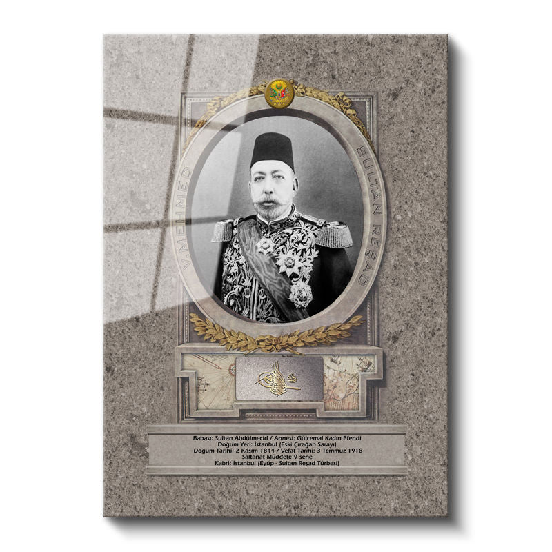 Tamperli Gerçek Cam Tablo Sultan Mehmed Reşad Portresi Osmanlı Tablosu Duvar Dekoru