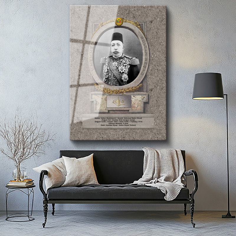 Tamperli Gerçek Cam Tablo Sultan Mehmed Reşad Portresi Osmanlı Tablosu Duvar Dekoru