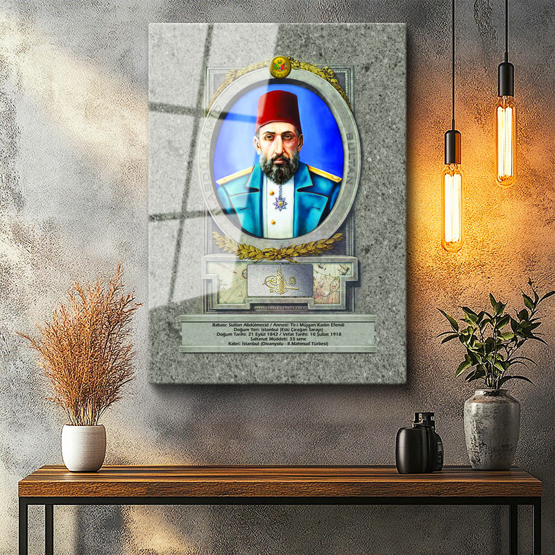 Tamperli Gerçek Cam Tablo Sultan II Abdülhamid Portresi Osmanlı Tablosu Duvar Dekoru
