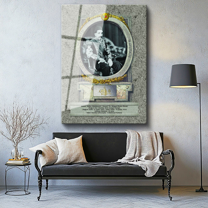 Tamperli Gerçek Cam Tablo Sultan II Abdülhamid Taht Portresi Osmanlı Tablosu Duvar Dekoru