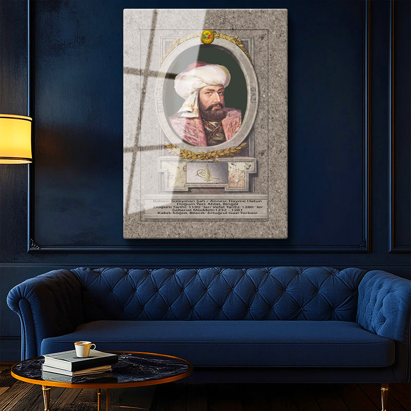 Tamperli Gerçek Cam Tablo Ertuğrul Gazi Portresi Osmanlı Tablosu Duvar Dekoru