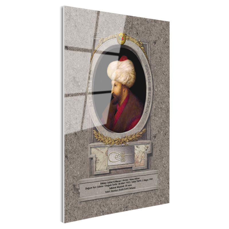 Tamperli Gerçek Cam Tablo Fatih Sultan Mehmed Klasik Portre Osmanlı Tablosu Duvar Dekoru