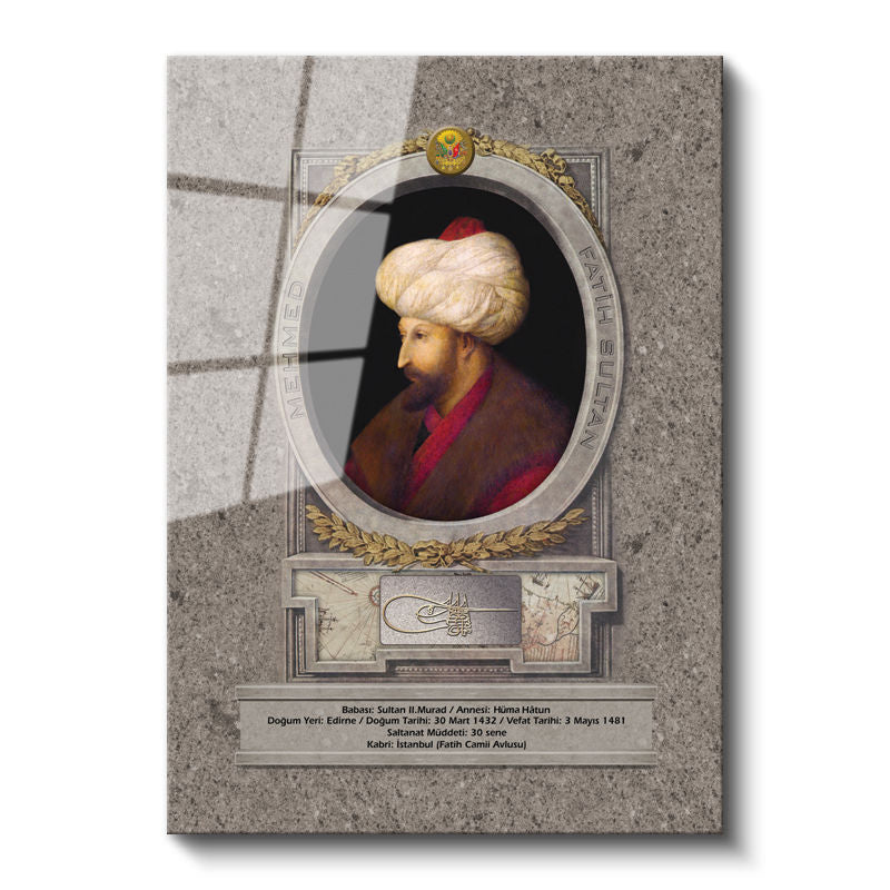 Tamperli Gerçek Cam Tablo Fatih Sultan Mehmed Klasik Portre Osmanlı Tablosu Duvar Dekoru