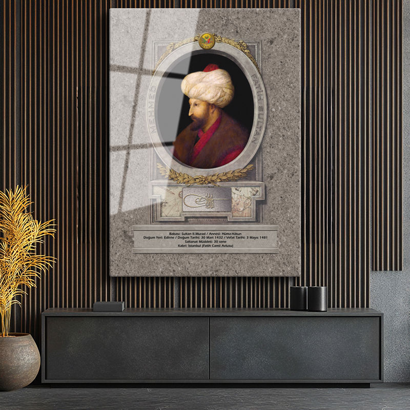 Tamperli Gerçek Cam Tablo Fatih Sultan Mehmed Klasik Portre Osmanlı Tablosu Duvar Dekoru