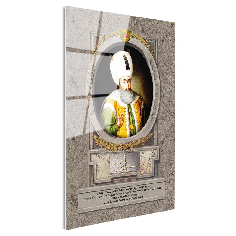 Tamperli Gerçek Cam Tablo Kanuni Sultan Süleyman Portresi Osmanlı Tablosu Duvar Dekoru