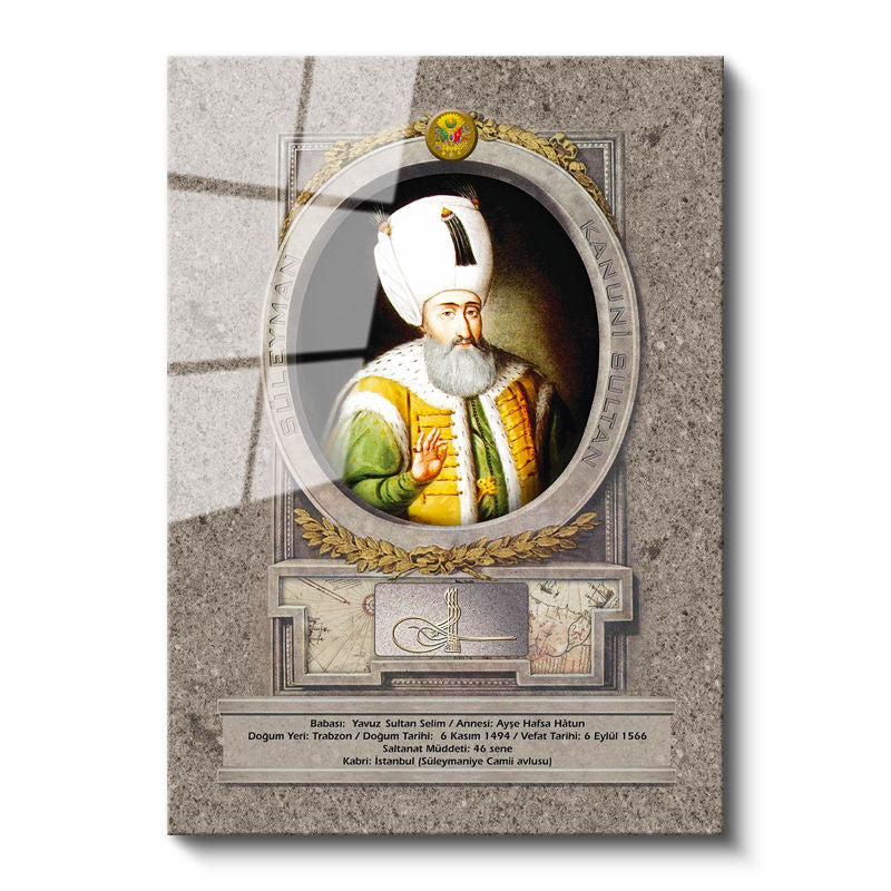 Tamperli Gerçek Cam Tablo Kanuni Sultan Süleyman Portresi Osmanlı Tablosu Duvar Dekoru