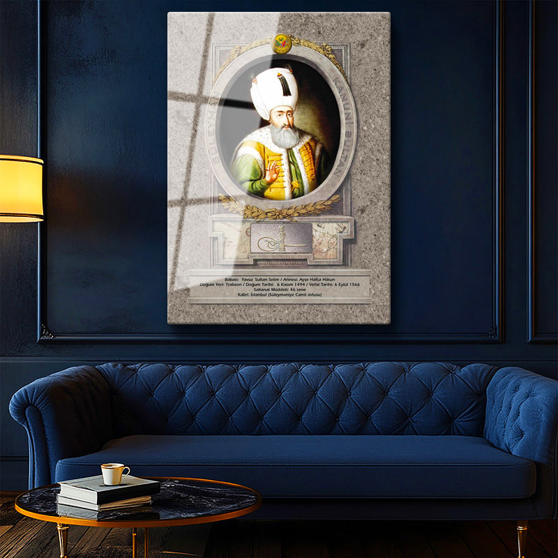 Tamperli Gerçek Cam Tablo Kanuni Sultan Süleyman Portresi Osmanlı Tablosu Duvar Dekoru