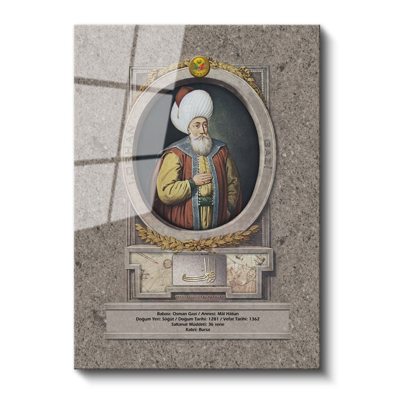 Tamperli Gerçek Cam Tablo Orhan Gazi Portresi Osmanlı Tablosu Duvar Dekoru