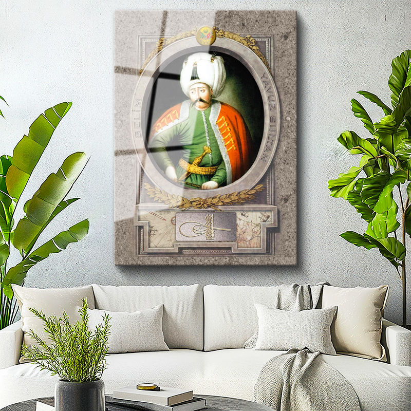 Tamperli Gerçek Cam Tablo Yavuz Sultan Selim Portresi Osmanlı Tablosu Duvar Dekoru