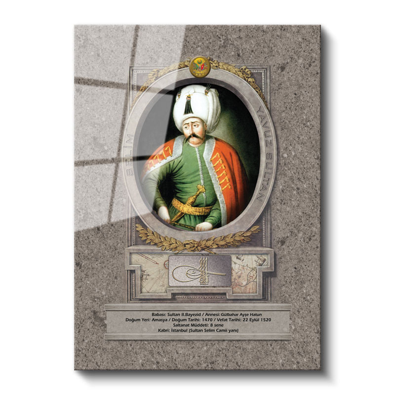 Tamperli Gerçek Cam Tablo Yavuz Sultan Selim Klasik Portre Osmanlı Tablosu Duvar Dekoru