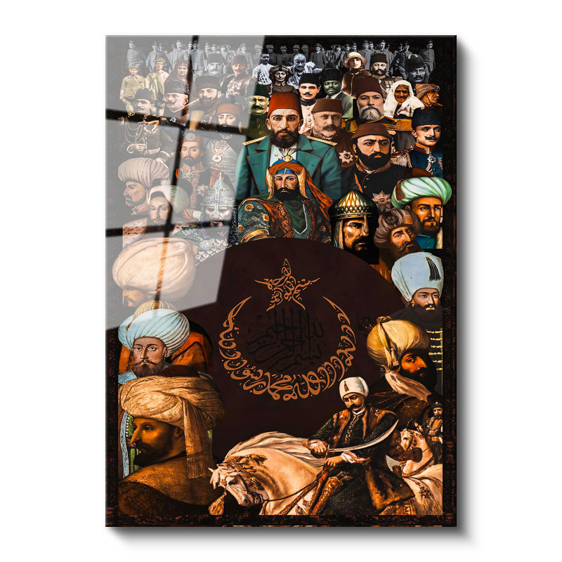 Tamperli Gerçek Cam Tablo Osmanlı Padişahları Kolajı Osmanlı Tablosu Duvar Dekoru