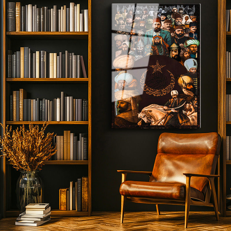 Tamperli Gerçek Cam Tablo Osmanlı Padişahları Kolajı Osmanlı Tablosu Duvar Dekoru