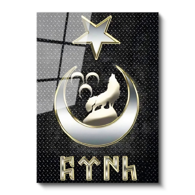 Tamperli Gerçek Cam Tablo Bozkurt Hilal ve Göktürkçe Türk Yazısı Osmanlı Tablosu Duvar Dekoru