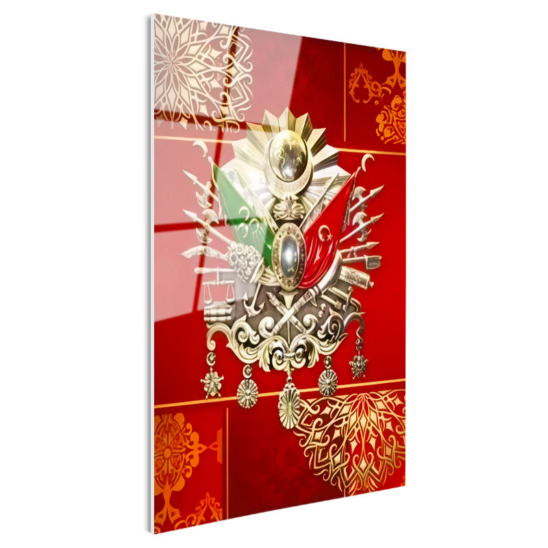 Tamperli Gerçek Cam Tablo Kırmızı Zemin Üzerine Devlet Arması Osmanlı Tablosu Duvar Dekoru
