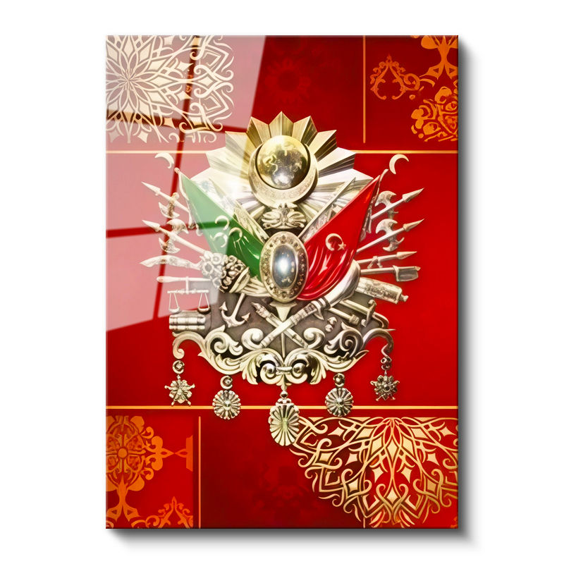 Tamperli Gerçek Cam Tablo Kırmızı Zemin Üzerine Devlet Arması Osmanlı Tablosu Duvar Dekoru