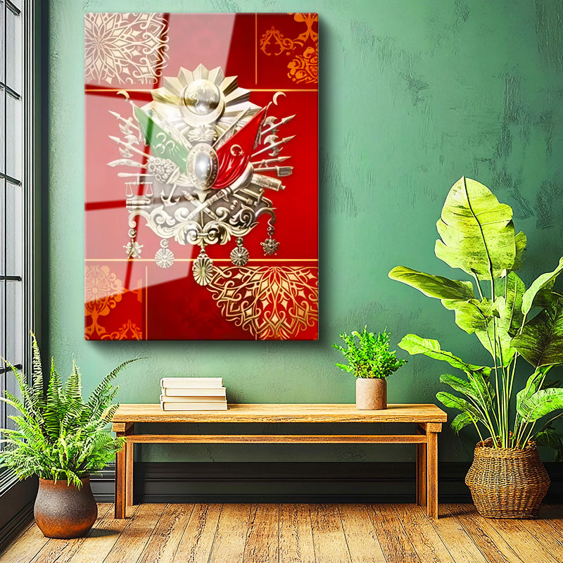 Tamperli Gerçek Cam Tablo Kırmızı Zemin Üzerine Devlet Arması Osmanlı Tablosu Duvar Dekoru